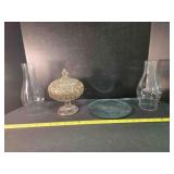 Candy dish &lid, 2 hurricane lamp chimneys, mirror