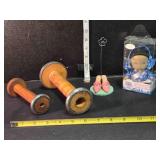 2 textile bobbins, letter holder, Precious Moments