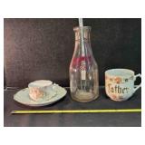 Vintage milk bottle, mustache cup/saucer, cup