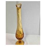 Amber swung glass pedestal vase, 15" tall