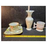 Hand-painted China cup & saucer, vase, cup
