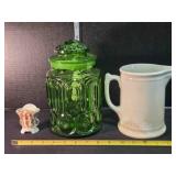 Green jar w/lid, small vase, crockery pitcher