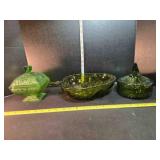 3 green glass dishes, 2 w/lids