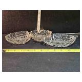 3 clear glass strawberry-shaped dishes, 6" long