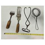 2 vintage ice picks, ice tongs, wire whisk