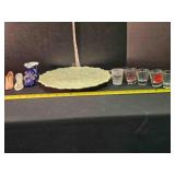 White platter, 3 porcelain shoes, 5 shot glasses