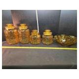 Amber glass canister set & fluted rim bowl