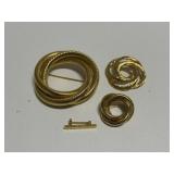 3 Gold tone Circle Brooches, 1 tiny Bar Brooch
