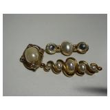 3 Pearl & Gold Tone Bar Brooches Pins-rhinestone &