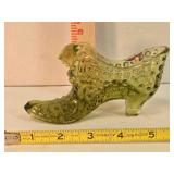 Hobnail green glass slipper, 6" long