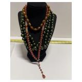 3 Bead Necklaces, Triple Strand Green Bead 18",