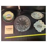 Glass plate & 4 souvenir saucers & tile