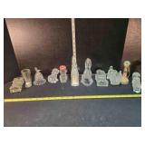 11 glass figurines; Bunny (6"), bell w/bird, boot