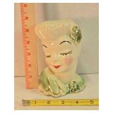 1950s ceramic lady vase, green & gold accents