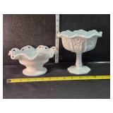 2 milk glass pedestal dishes, 6" & 4" tall