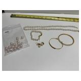 Faux Pearl Necklace, Clip-on Earrings, 4 Bracelets