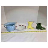 Enamel potty chair pot, saucer, 2 porcelain boots
