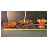 3 amber glass bowls, one pedestal