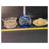 Glass orb w/dolphins, cut glass vase, sombrero