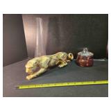 Gold-leaf panther planter, hurricane chimney, vase