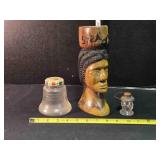 Wood Jamaica bust, glass bell bank, glass lantern