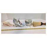 2 porcelain shoes, mustache cup, Neck Duster