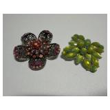 Pink Flower Rhinestone Brooch, Green Stone Square