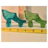2 pressed glass slippers; blue & green, 4" across
