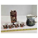 Saki bottle (5" tall) & 4 cups, Shaving mug