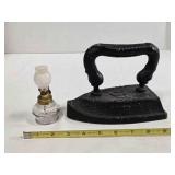Vintage flat iron & miniature oil lantern