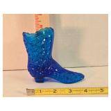 Blue Fenton glass boot, 4" tall