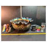 Carnival glass bowl, 3 shoes, 3 shot glasses