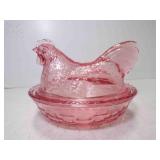 Longaberger Pink Glass Hen on Nest Woven Basket