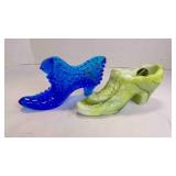 Vintage Slag Green Glass & Fenton Blue Glass Shoe