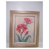 Pastel Chalk Drawing Cactus Blossom Framed Signed