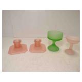 Pair of Vintage Frosted Pink Art Glass Candlestick