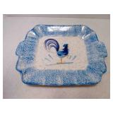 Vintage Blue Spongeware Speckled Rooster Serving
