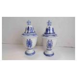 Pair of Vintage Blue & White Porcelain Lidded Urns