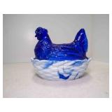 Vintage Cobalt Blue Hen on Nest Covered Dish Base