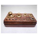 Vintage Set Brass Scale Weights Mounted in Wood