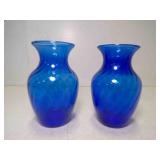 (2) Vintage Cobalt Blue Swirl Vases Flared Rim
