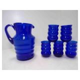Vintage Cobalt Blue Glass Pitcher & 5 Tumblers
