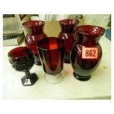 Ruby Red Glassware; Assorted; 3-vases-6¼" h.