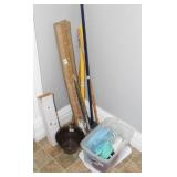 Tote w/gloves, yard sticks, Swiffer type mop