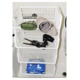 4 plastic stackable shelves and contents