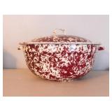 Red/White Enamel Bowl with handles and lid