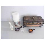 Décor lot; birds (3); candle; metal box