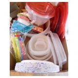Box of plastic containers, paper goods, cupcake