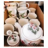 Christmas Tea Set; Holly décor wpine cone accents