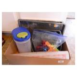 Box of pans and plastic kitchen items